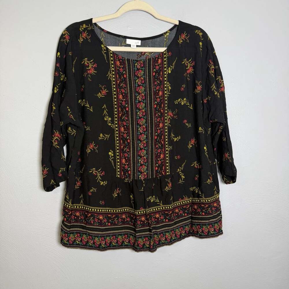 J.Jill Floral Blouse Size L Petite Black Rayon Peasant Top